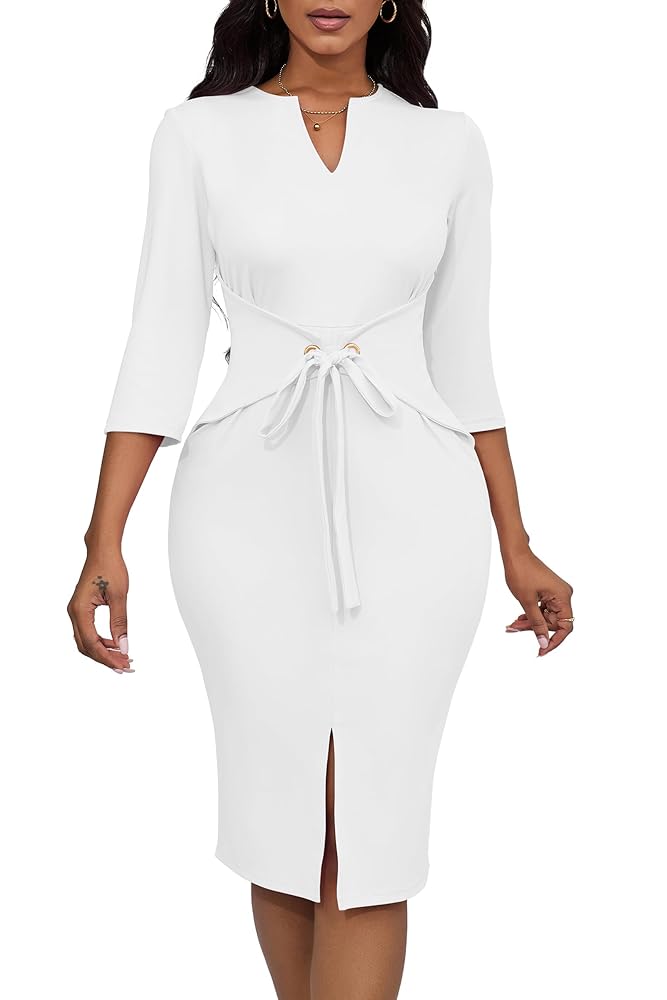 FANDEE Women's Vintage Dresses 3/4 Sleeve V-Neck Bodycon